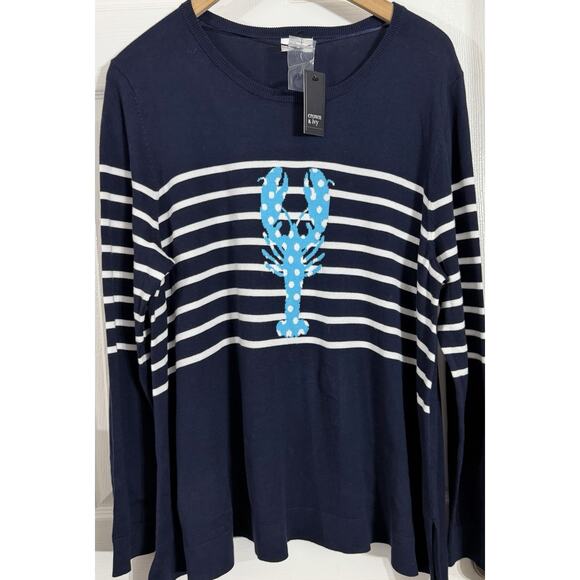 NEW Crown & Ivy Plus Cotton Navy Lobster Intarsia Nautical Top Sweater 2X Preppy - Picture 1 of 2